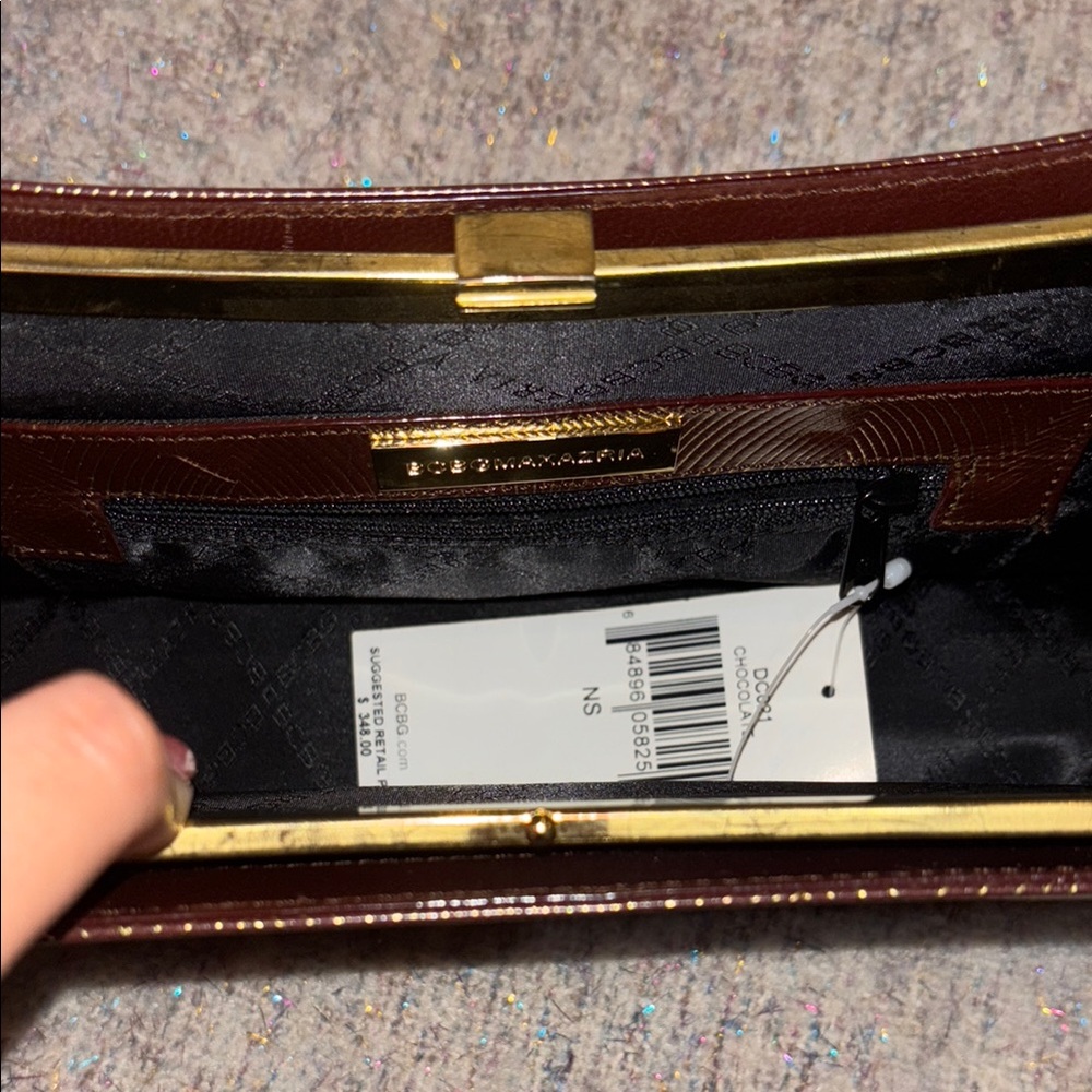 BCBG Brown Clutch y2k  with Gold Handle and Crescent Shape - Picture 3 of 3